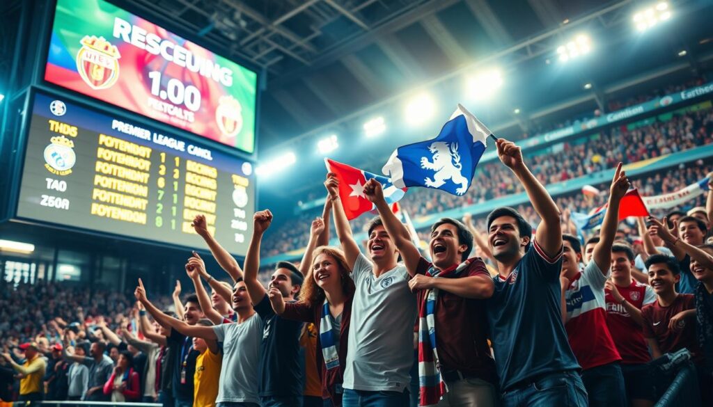 A dynamic and engaging scene showcasing the latest Premier League football match results. The foreground features a large digital scoreboard displaying exciting scorelines and team logos, illuminated with vibrant LED lights. In the middle, a diverse group of enthusiastic fans in casual sports attire, cheering with joy, holding flags and banners of their favorite teams. The background portrays a lively stadium atmosphere, with colorful team jerseys and decorated stands, filled with fans. The lighting is bright and energetic, mimicking the excitement of a game day, while a wide-angle lens captures the expansive crowd and festive mood. The overall ambiance conveys a sense of thrill and anticipation, reflecting the passion of football in the Premier League.