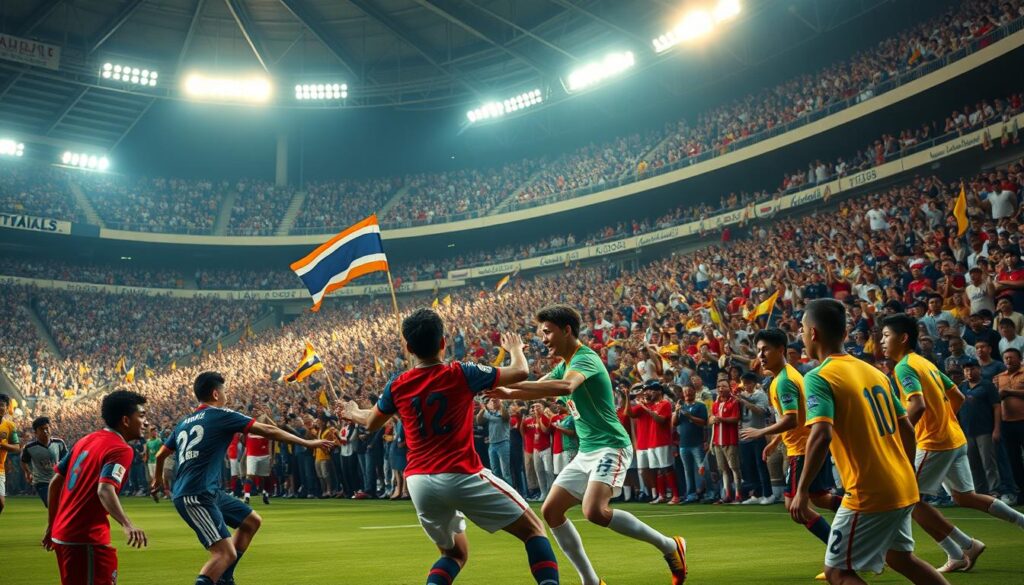 A vibrant scene depicting a bustling Thai football league match in a large stadium, filled with enthusiastic fans wearing colorful jerseys. In the foreground, a group of players in classic football kits engage in a dynamic play, showcasing an intense moment of competition. The middle ground features a cheering crowd, flags waving, with a mix of excitement and anticipation on their faces. The background reveals the stadium's grand architecture under bright floodlights, casting a warm glow over the entire scene. The atmosphere is charged with energy and passion, capturing the essence of sports in Thailand. The image is shot with a wide-angle lens to convey the scale of the event, emphasizing the lively interaction between players and fans.